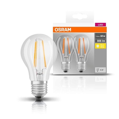 Żarówka LED Filament OSRAM BASE A60, E27, 7 W = 60 W, 806 lm, 2700 K, 2 szt.