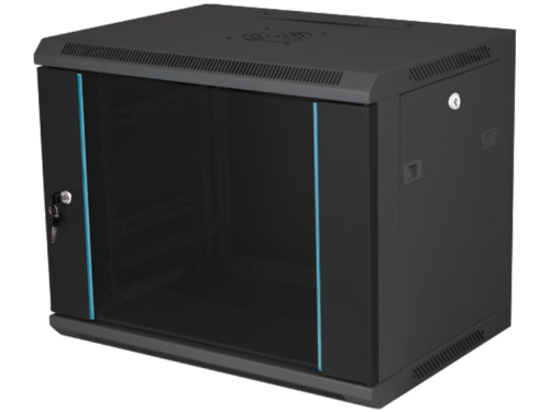 Szafka rack wisząca 19" 9U 600x450, niedzielona, drzwi szklane jednoskrzydłowe, tył osłona pełna, osłony boczne zamykane...
