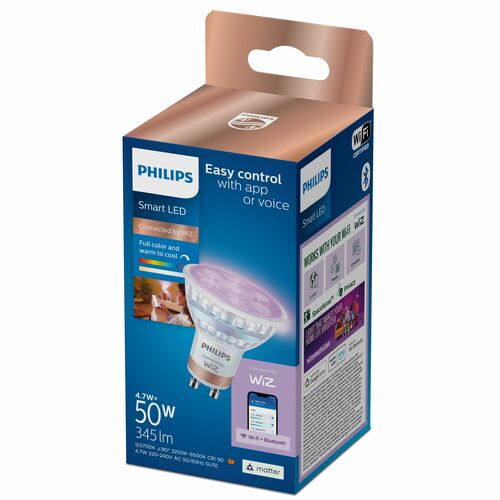 Żarówka smart LED GU10 4,7W =50W 2200-6500K + RGB 345lm 36st WiFi WiZ Philips