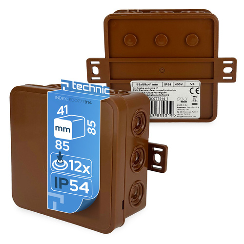 Puszka elastyczna natynkowa 85x85x41mm IP54 12 wlotów klik z osłabieniami brąz V6 EDO777914 EDO Technic