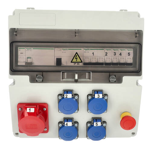 Rozdzielnica budowlana erbetka wyposażona ASTAT 397 Plus IP65 16A/5P, 4x230V SCHUKO IP44, IK08, wyzwalacz wzrostowy iMX...