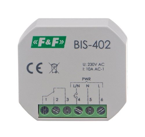 Przekaźnik bistabilny on/off 230V 10A styk 1Z montaż w puszce podtynkowej 60mm BIS-402 F&F
