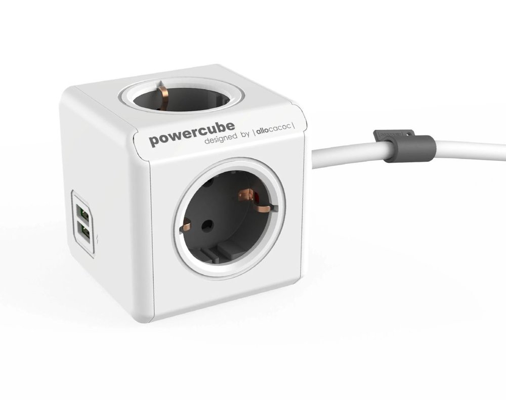 Kostka PowerCube Extended USB 3 m, Typ F Schuko, 2x USB szary Allocacoc