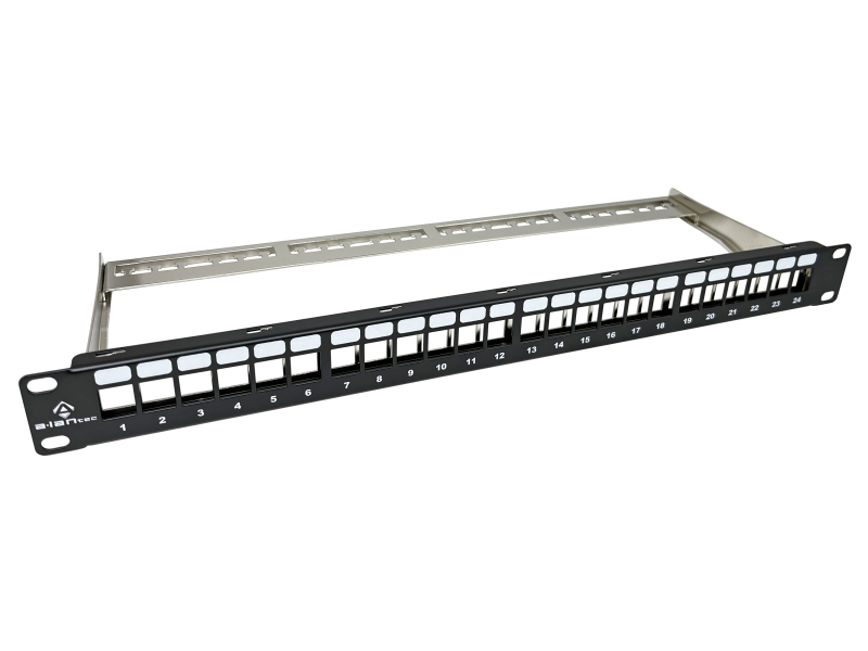 Patch panel pusty 19" modularny 24 porty 1U z podporą, niewyposażony ALANTEC