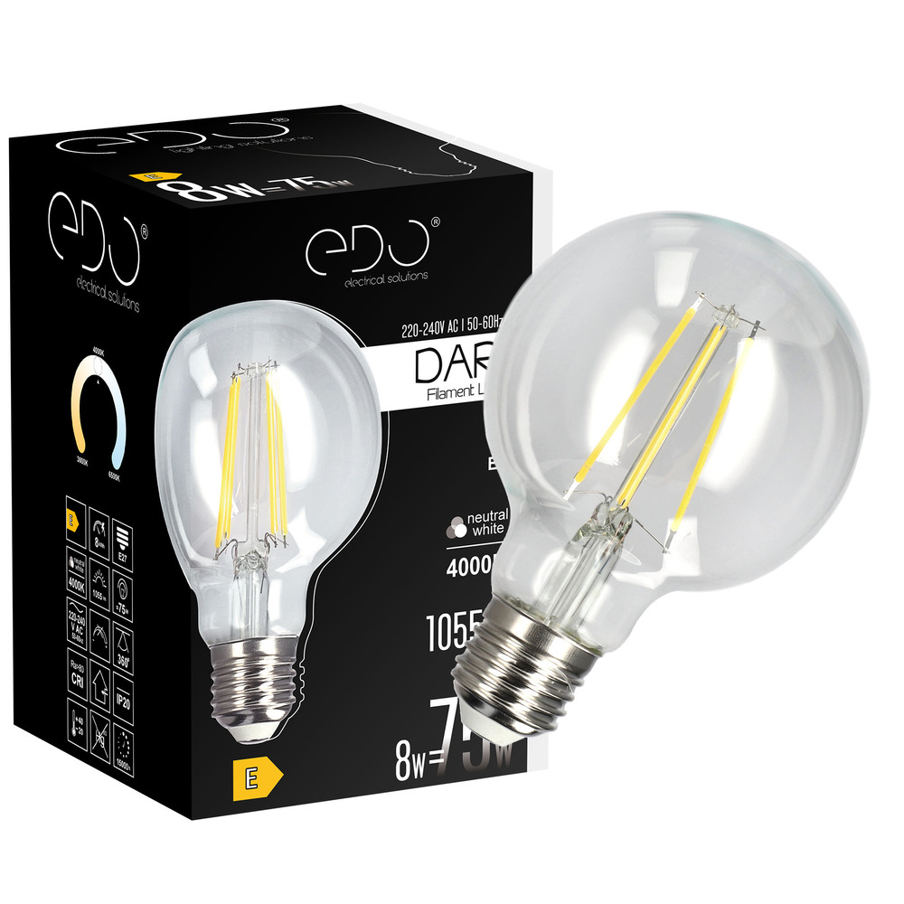 Żarówka dekoracyjna DARI LED Filament 8W, E27, 4000K, 1055lm, 230V, CLEAR G80, EDO777634 EDO Solutions