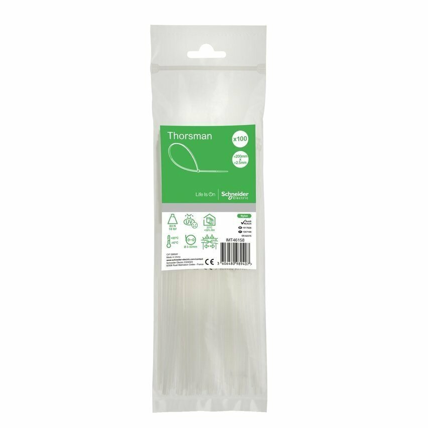 Opaska kablowa zaciskowa trytytka 200x2.5mm biała 100 sztuk Schneider IMT46409
