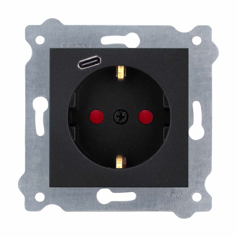 Gniazdo z uziemieniem Schuko 2P+E i przesłonami torów prądowych + USB Typ C Czarny Metalik 274/14E EXEN