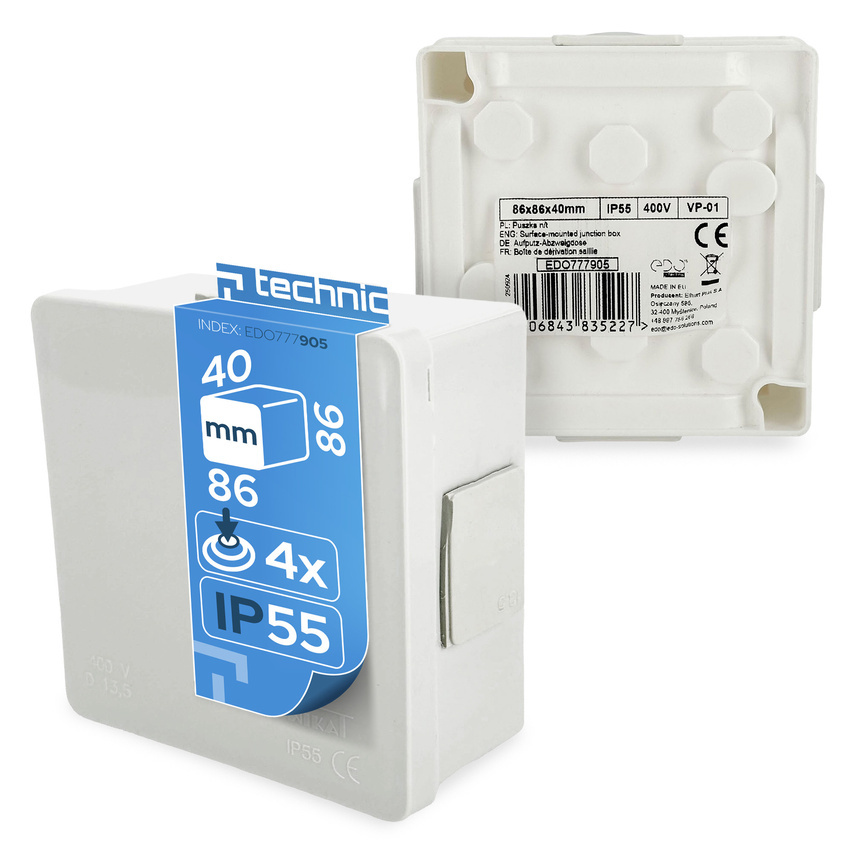 Puszka natynkowa 86x86x40mm IP55 4 wlotów klik dławiki gumowe biała VP-01 EDO777905 EDO Technic