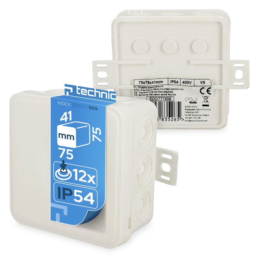 Puszka elastyczna natynkowa 75x75x41mm IP54 12 wlotów klik z osłabieniami biała V5 EDO777909 EDO Technic