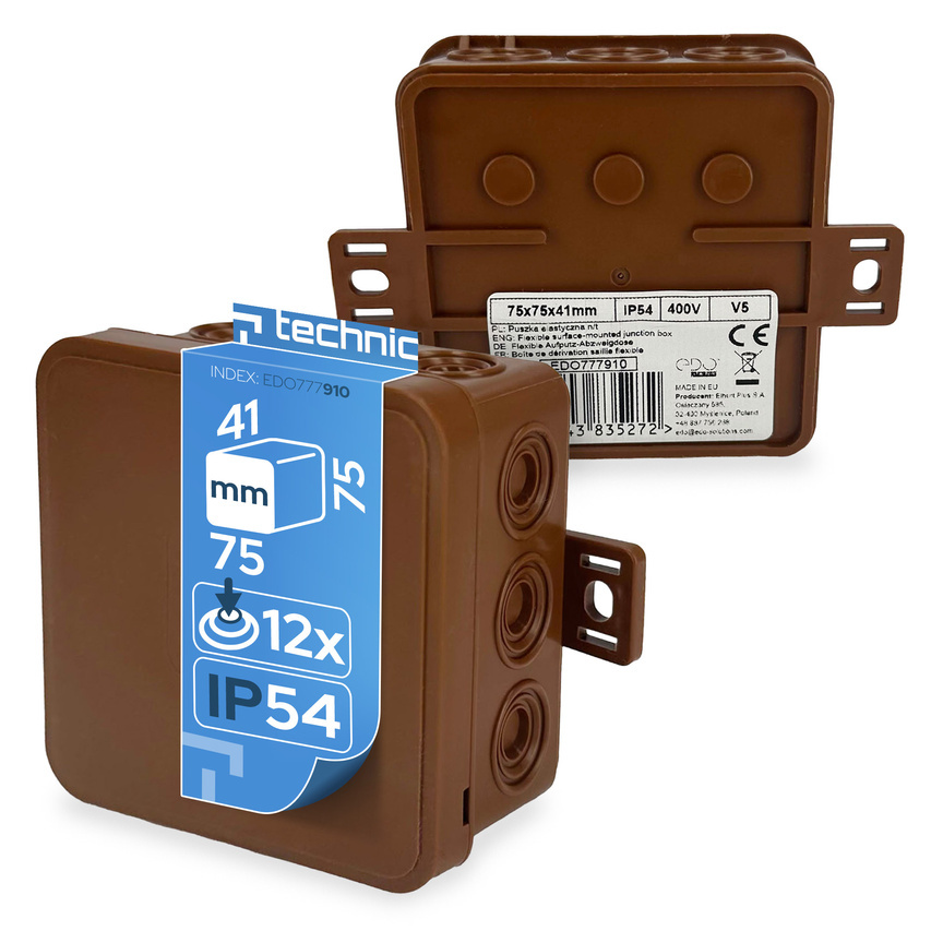 Puszka elastyczna natynkowa 75x75x41mm IP54 12 wlotów klik z osłabieniami brąz V5 EDO777910 EDO Technic