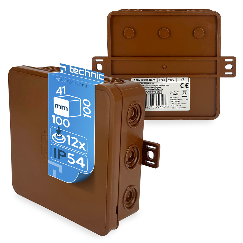 Puszka elastyczna natynkowa 100x100x41mm IP54 12 wlotów klik z osłabieniami brąz V7 EDO777918 EDO Technic