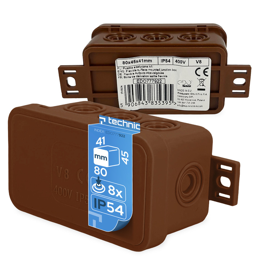 Puszka elastyczna natynkowa 80x45x41mm IP54 8 wlotów klik z osłabieniami brąz V8 EDO777922 EDO Technic