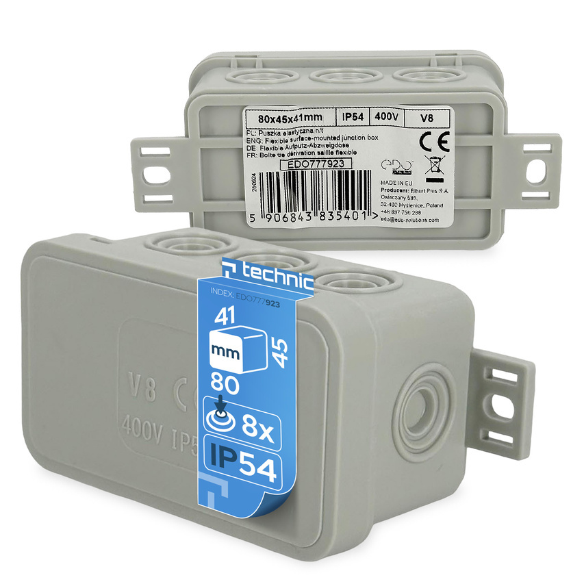 Puszka elastyczna natynkowa 80x45x41mm IP54 8 wlotów klik z osłabieniami szara V8 EDO777923 EDO Technic