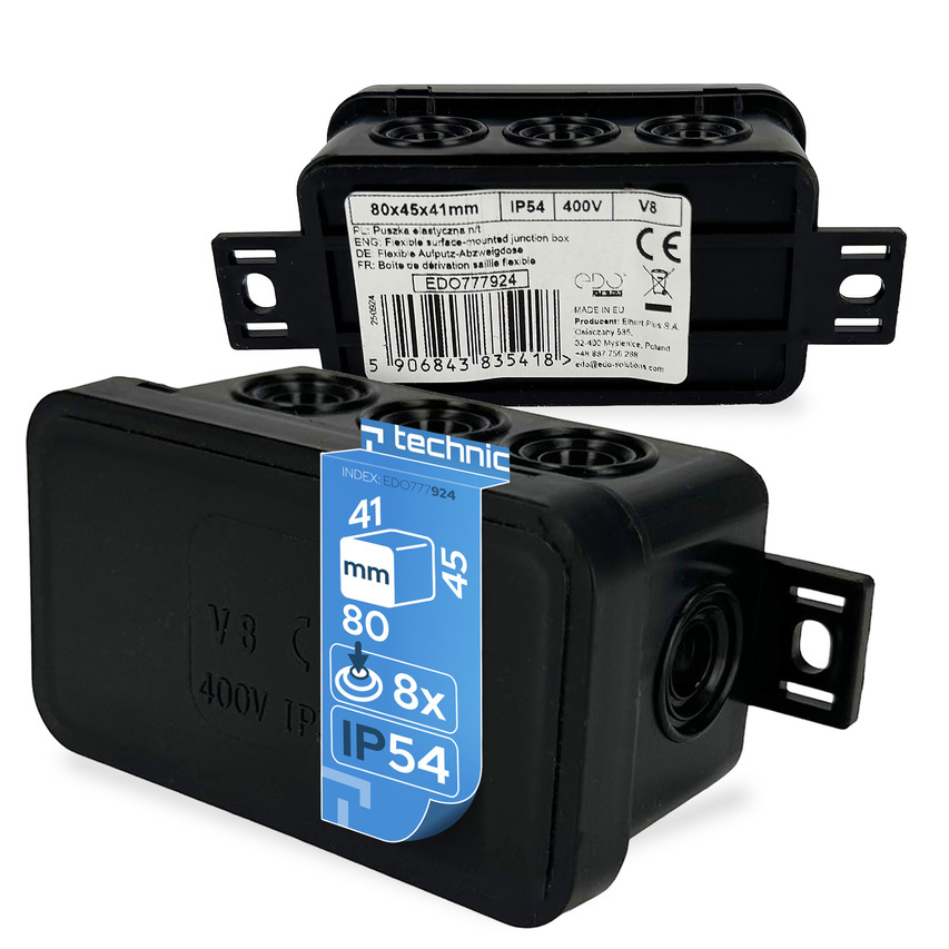 Puszka elastyczna natynkowa 80x45x41mm IP54 8 wlotów klik z osłabieniami czarna V8 EDO777924 EDO Technic