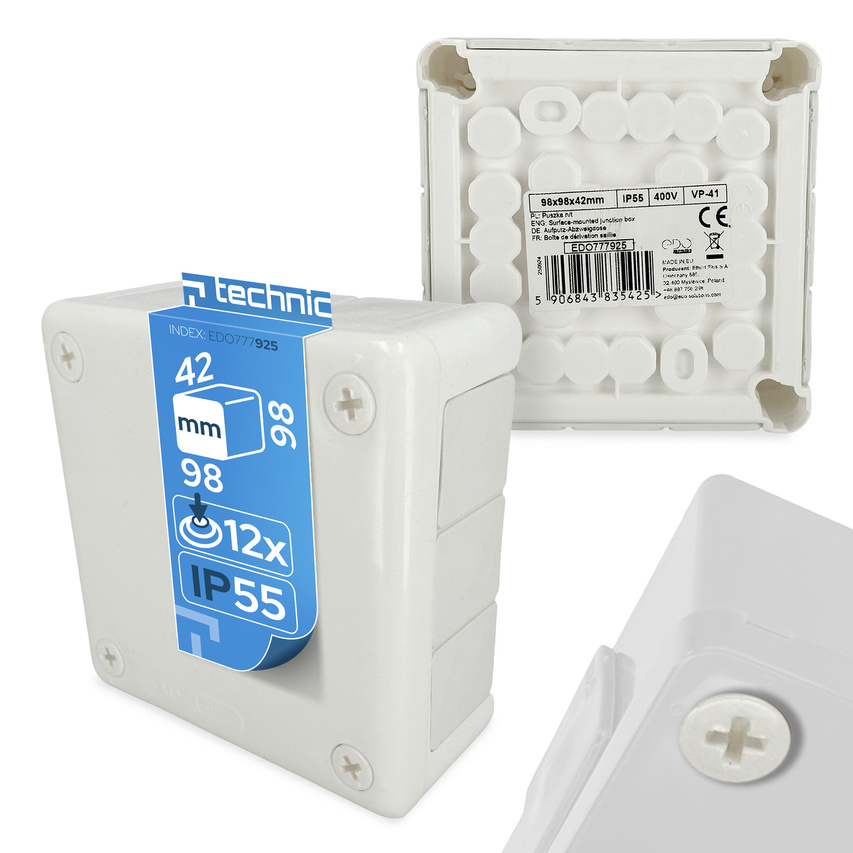 Puszka natynkowa 98x98x42mm IP55 12 wlotów dławiki gumowe biała VP-41 EDO777925 EDO Technic