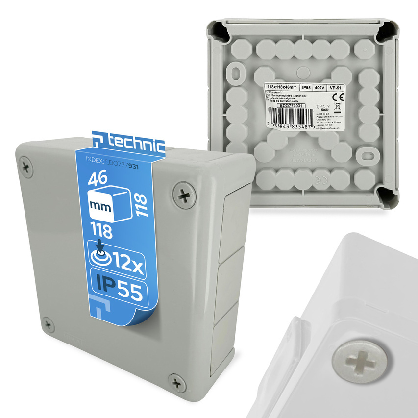 Puszka natynkowa 118x118x46 IP55 12 wlotów dławiki gumowe szara VP-51 EDO777931 EDO Technic