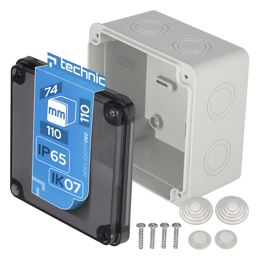 Puszka hermetyczna 110x110x74 N/T z zestawem dławików (przezroczysta) szara IP65  EDO777060  EDO Technic
