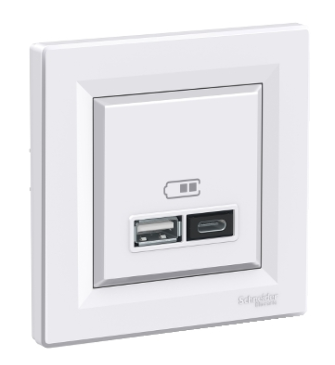 Gniazdo ładowarki USB A+C 2,4A z ramką, biały Schneider Asfora