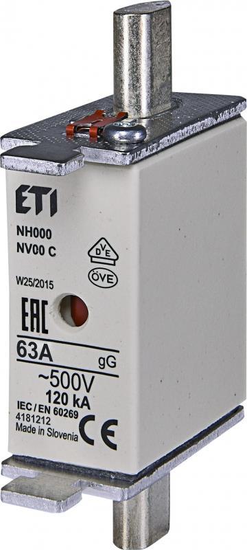 Wkładka topikowa przemysłowa zwłoczna KOMBI NH000 gG 63A/500V WT-NH - 00C ETI
