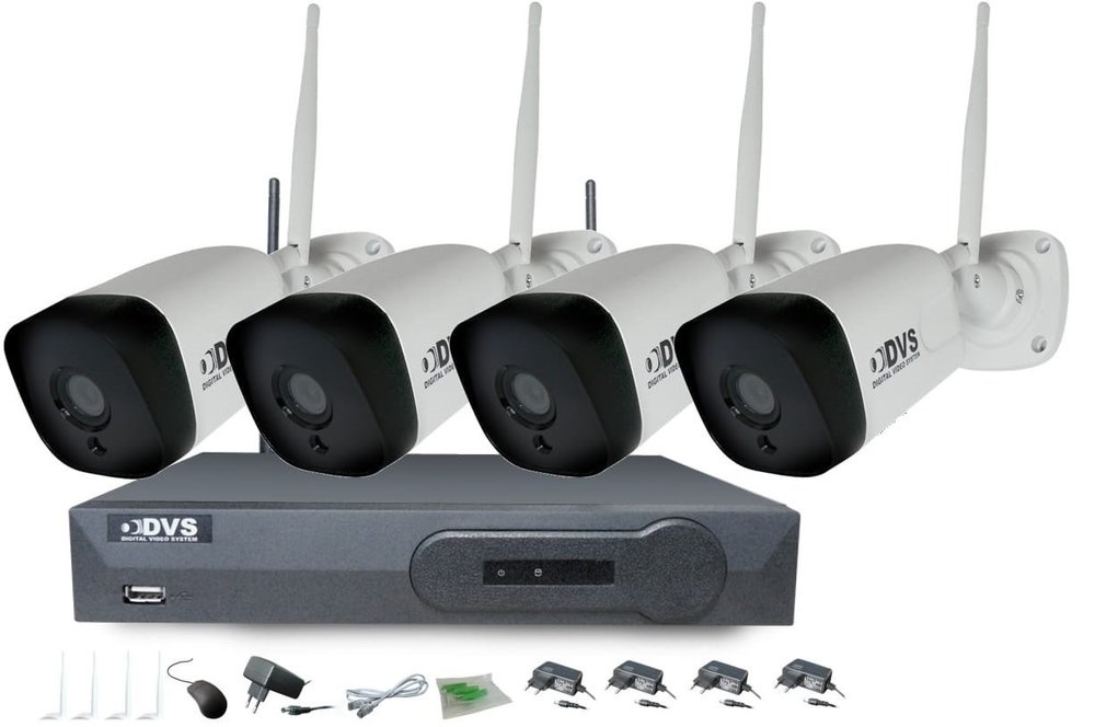 Kompletny zestaw monitoringu WiFi - 4 bezprzewodowe kamery tubowe 5MPX / 2K+ / 2560X1944PP, rejstrator IP WiFi DVS