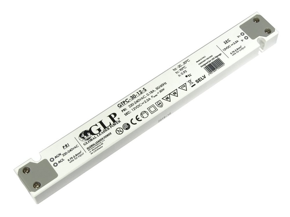 Zasilacz impulsowy do LED 30W 12V 2.5A DC wymiary: 251x30x16 GTPC-30-S płaski