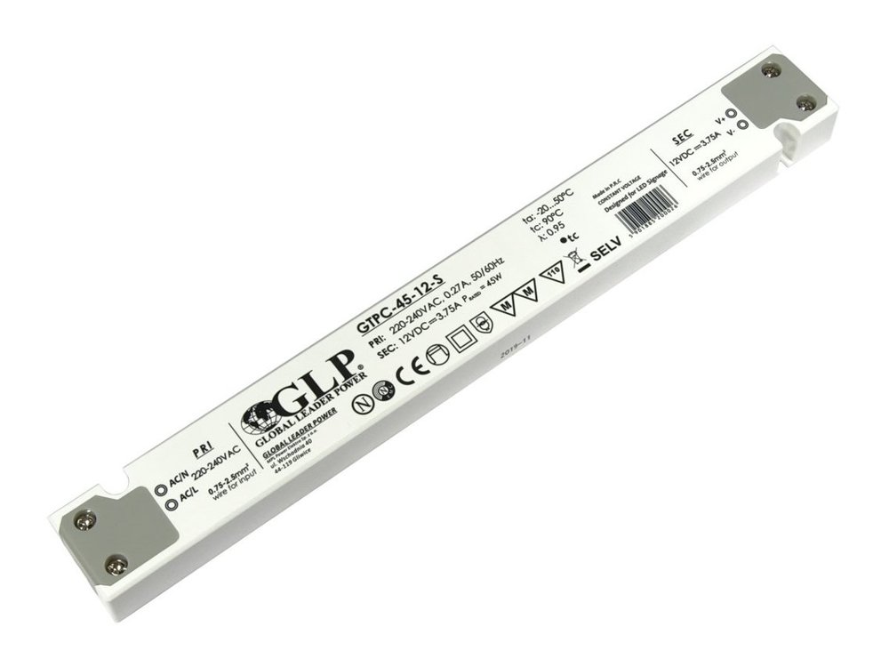 Zasilacz impulsowy do LED 45W 12V 3.75A DC wymiary: 251x30x16 GTPC-45-S płaski