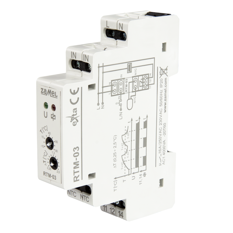 Regulator temperatury jedno modułowy z nastawa histerezy 0,25-2st C RTM-03 Exta Zamel