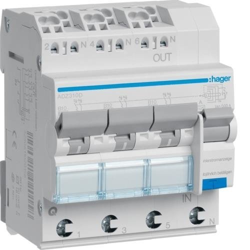 RCBO Wyłącznik różnicowoprądowy z członem nadprądowym 3x1P+N 6kA B 10A/30mA Typ A QC/QBB Hager ADZ310D