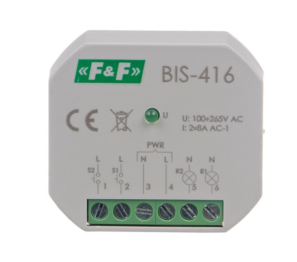 Przekaźnik bistabilny 2-kanałowy on/off, Un=230V, I=2x8A, styki 2Z, zaciski śrubowe, 1 moduł, BIS-416, F&F