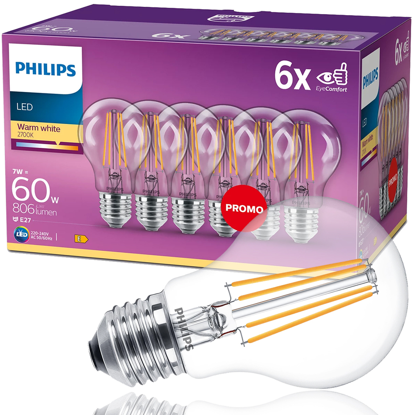 Zestaw 6 sztuk żarówek dekoracyjnych LED Classic, 7W = 60W E27 filament, barwa ciepła 2700K, Philips