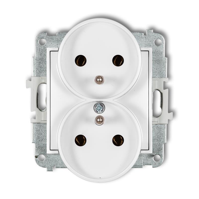 Mechanizm gniazda podwójnego do ramki z uziemieniem 2x(2P+Z) (bez przesłon torów prądowych) biały mat 25MGPR-2z Karlik Mini