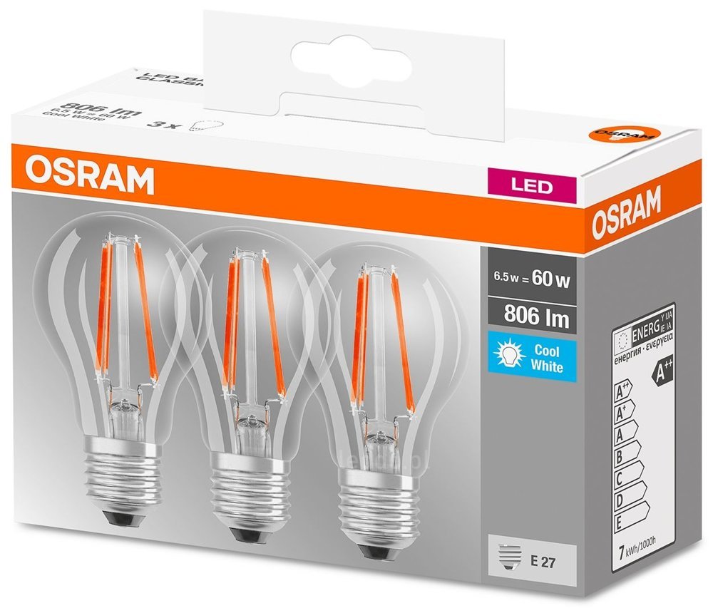 Zestaw żarówek 3x LED Filament E27 6,5W 4000K 806lm Osram