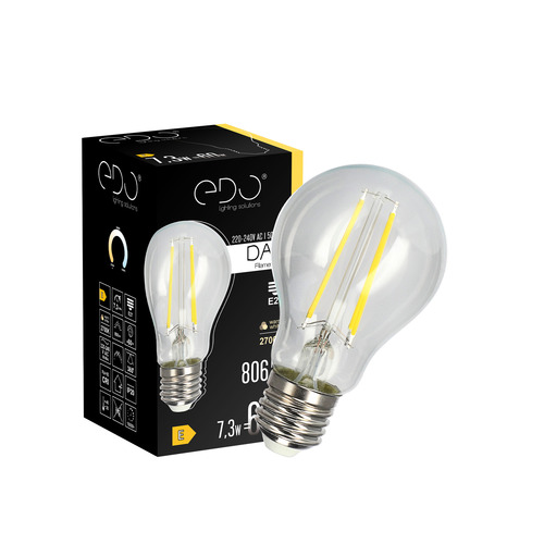 Żarówka dekoracyjna DARI LED Filament 7,3W, E27, 2700K, 806lm, 230V, CLEAR A60, EDO777627 <span class="keyword" >EDO Solutions</span>