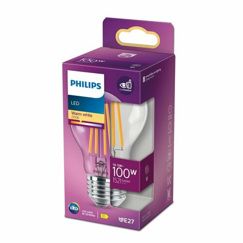 Żarówka LED A60 E27 10,5W =100W 2700K ciepła 1521lm filament Philips