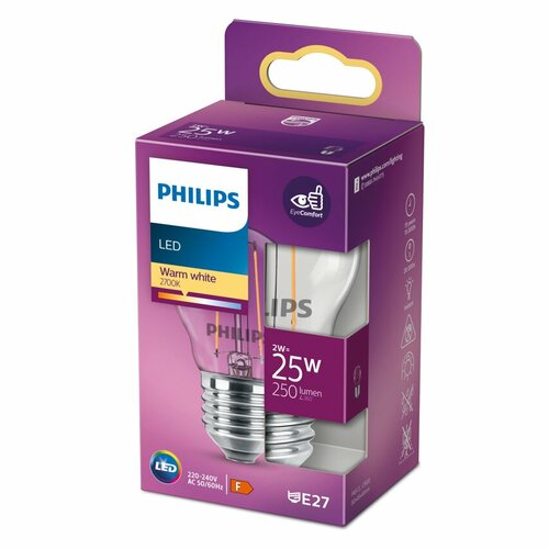 Żarówka LED E27 2W =25W 2700K ciepła 250lm świeczka szklana P45 Philips