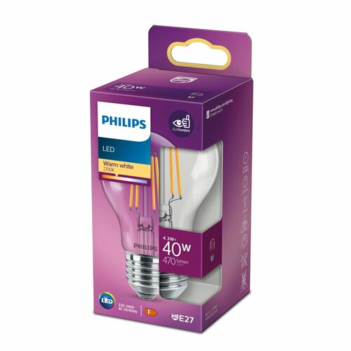 Żarówka LED E27 4,3W =40W 2700K ciepła 470lm szklana A60 Philips