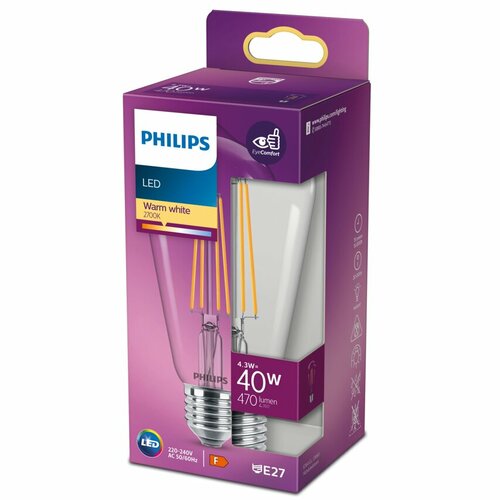 Żarówka LED E27 4,3W =40W 2700K ciepła 470lm szklana ST64 Philips