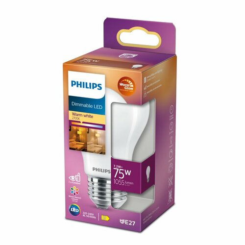 Żarówka LED E27 7,2W =75W 2200-2700K ciepła 1055lm WarmGlow szklana A60 Philips