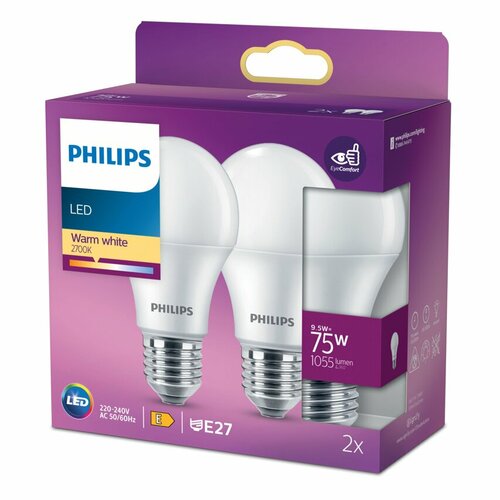 Zestaw 2x Żarówka LED E27 9,5W =75W 2700K ciepła 1055lm A60 Philips