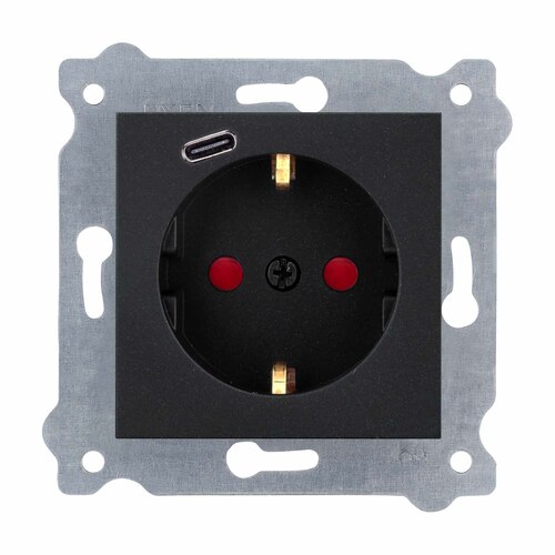 Gniazdo z uziemieniem Schuko 2P+E i przesłonami torów prądowych + USB Typ C Czarny Metalik 274/14E EXEN