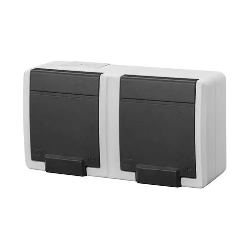 Gniazdo natynkowe podwójne z uziemieniem 2x2P+Z poziom AQUANT 2K szary 7035/7043 IP55 Elektro-Plast Nasielsk