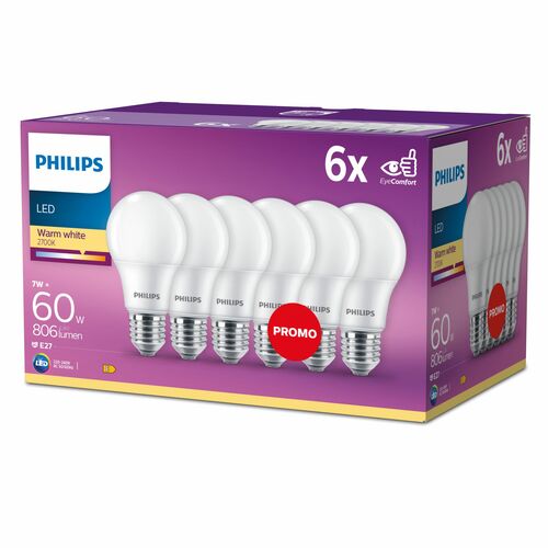 Zestaw 6x Żarówka LED E27 7W =60W 2700K ciepła 806lm A60 Philips
