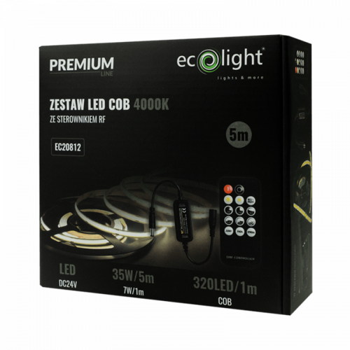 Zestaw taśma LED 320 COB 7W/m 24V 4000K 5m IP20 + kontroler + pilot + zasilacz Ecolight