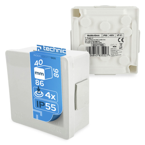 Puszka natynkowa 86x86x40mm IP55 4 wlotów klik dławiki gumowe biała VP-01 EDO777905 <span class="keyword" >EDO Technic</span>