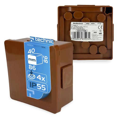 Puszka natynkowa 86x86x40mm IP55 4 wlotów klik dławiki gumowe brąz VP-01 EDO777906 EDO Technic