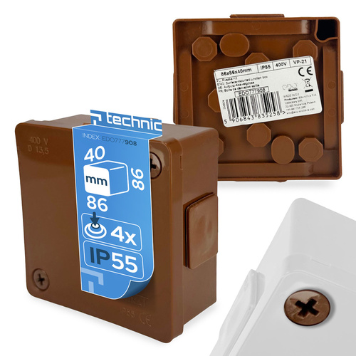 Puszka natynkowa 86x86x40mm IP55 4 wlotów 2-wkręty, dławiki gumowe brąz VP-21 EDO777908 <span class="keyword" >EDO Technic</span>