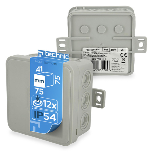 Puszka elastyczna natynkowa 75x75x41mm IP54 12 wlotów klik z osłabieniami szara V5 EDO777911 <span class="keyword" >EDO Technic</span>