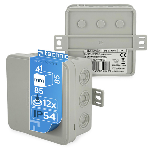 Puszka elastyczna natynkowa 85x85x41mm IP54 12 wlotów klik z osłabieniami szara V6 EDO777915 <span class="keyword" >EDO Technic</span>