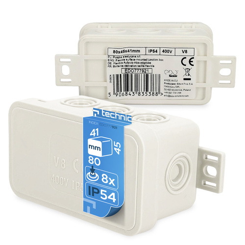 Puszka elastyczna natynkowa 80x45x41mm IP54 8 wlotów klik z osłabieniami biała V8 EDO777921 EDO Technic