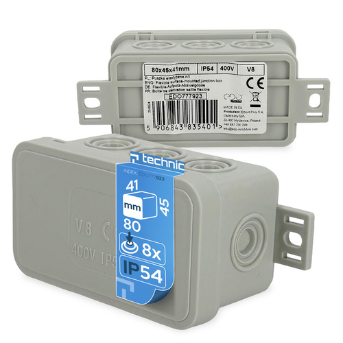Puszka elastyczna natynkowa 80x45x41mm IP54 8 wlotów klik z osłabieniami szara V8 EDO777923 EDO Technic